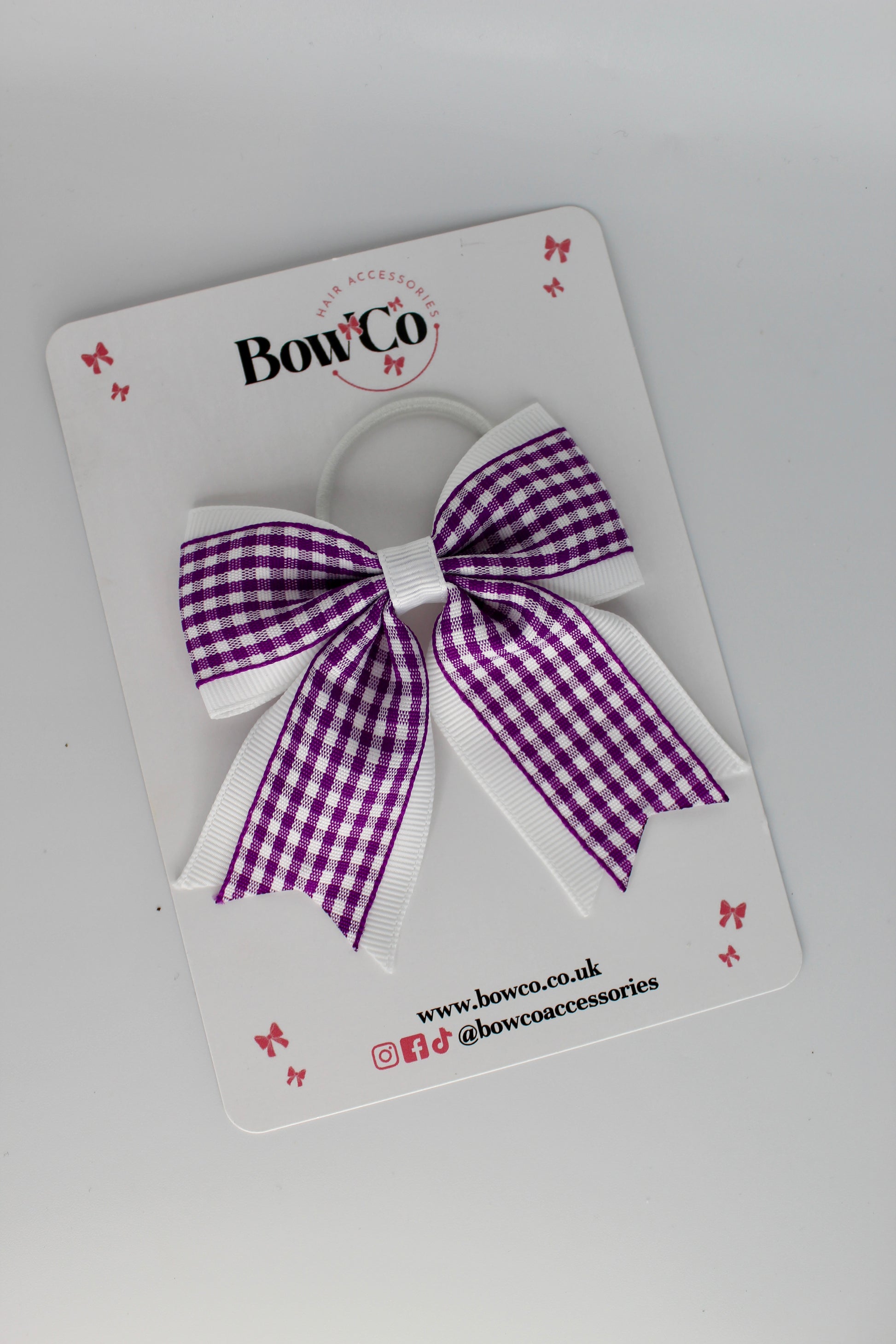 Layer Tail Bow - Purple and White Gingham - Elastic