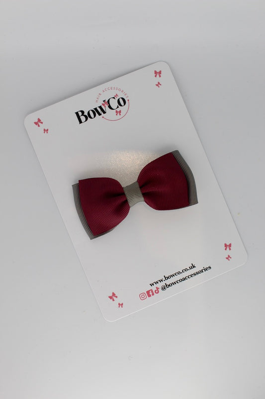 Burgundy and Metal Grey - Double Lapel Bow - Clip