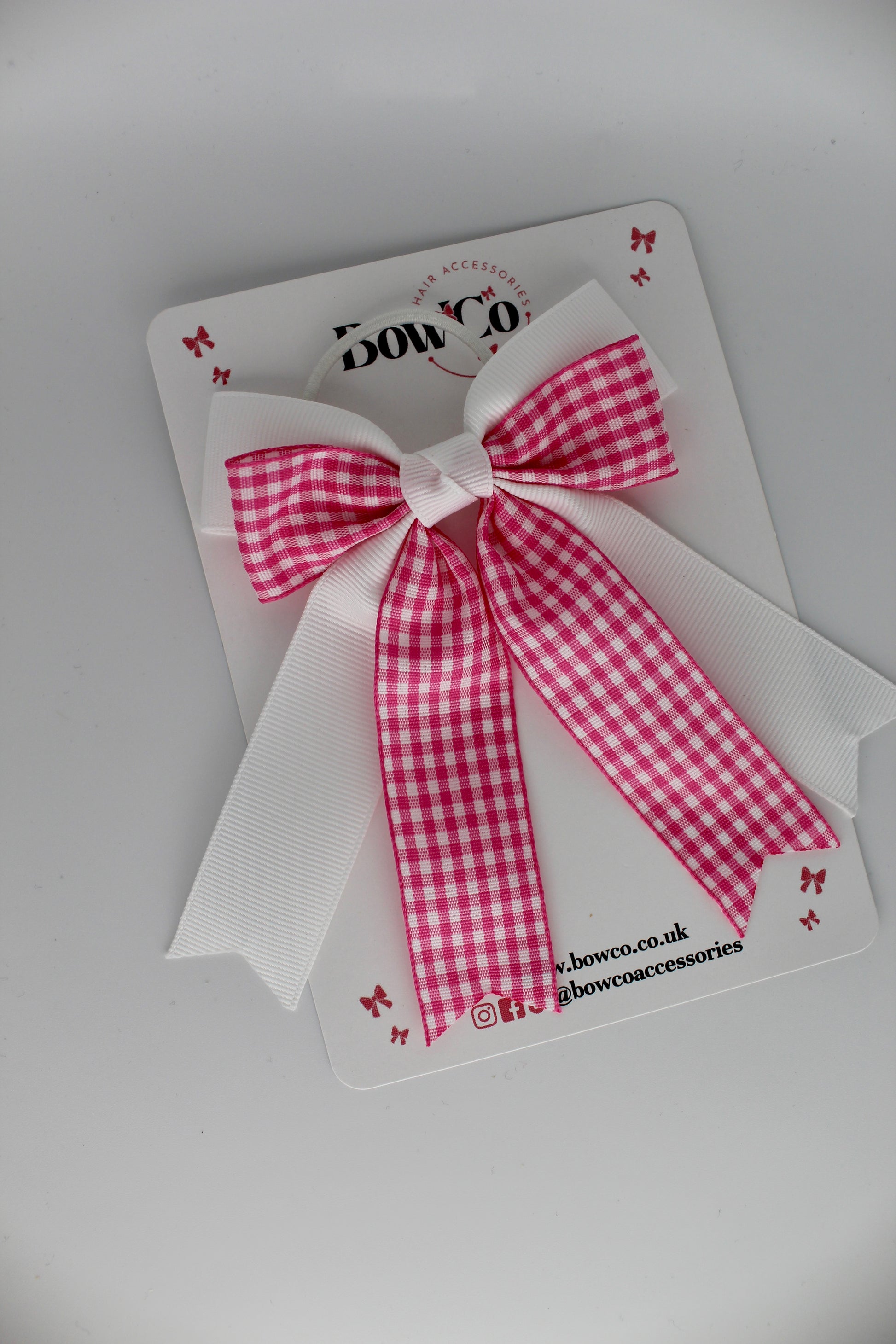 Double Ribbon Tail Bow - Pink Gingham - Elastic