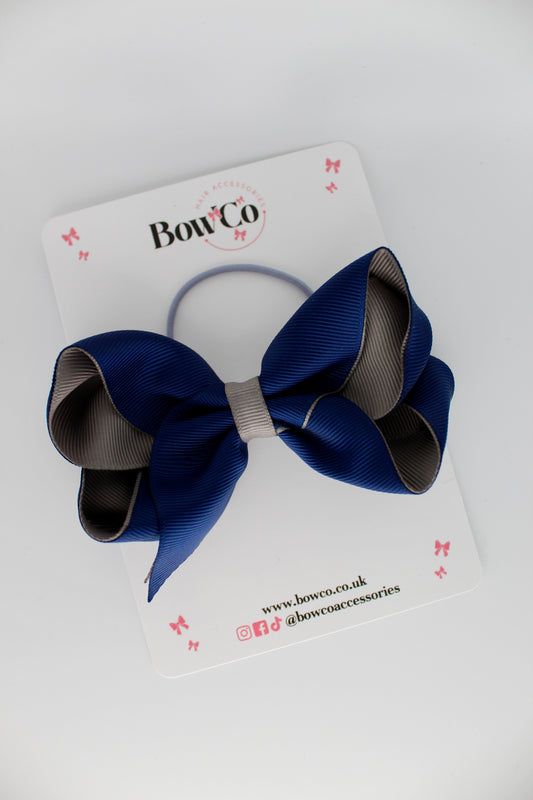 4 Inch Loop Bow - Elastic - Navy Blue and Metal Grey