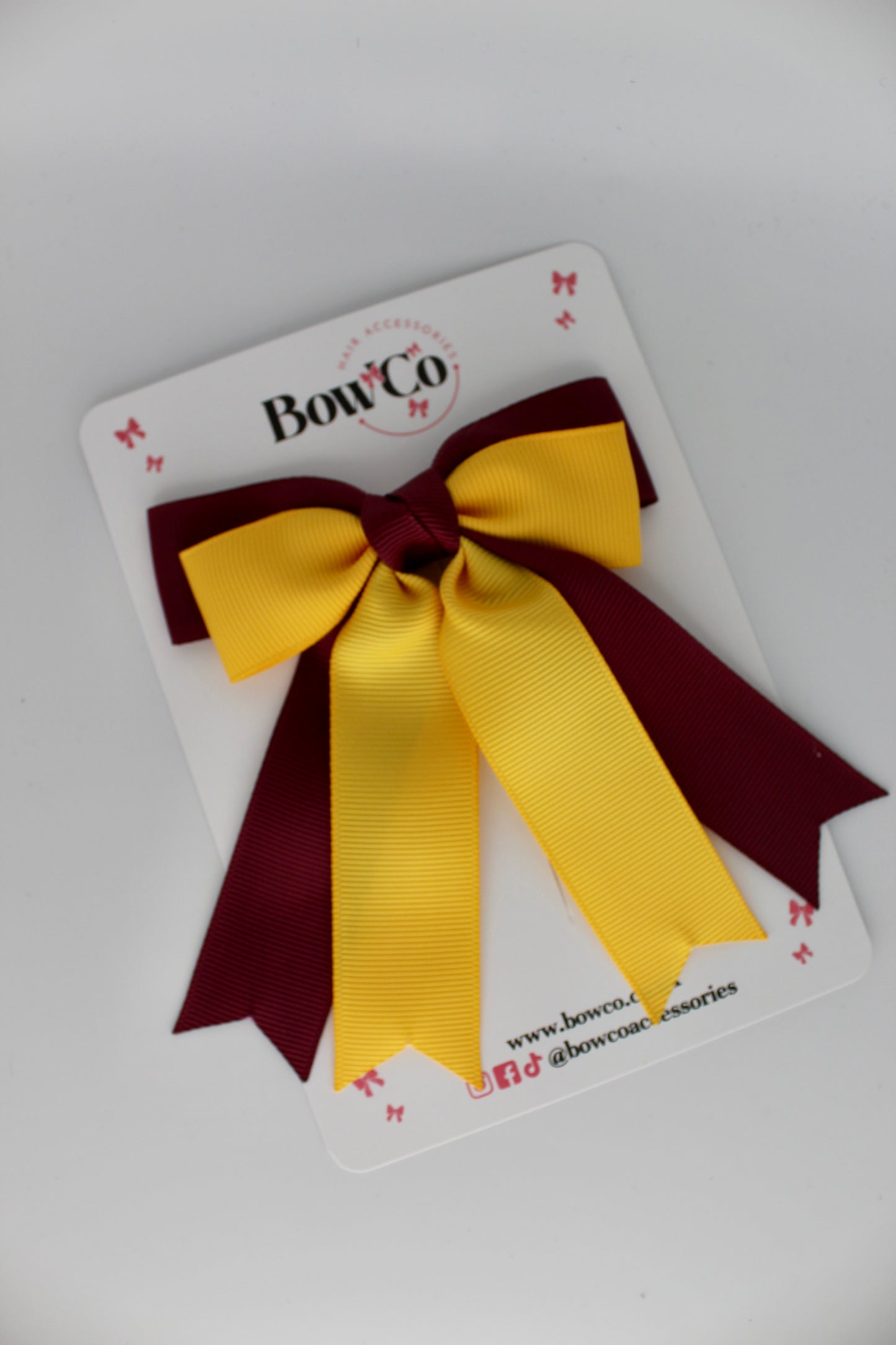 Double Ribbon Tail School Hair Bow – Clip - Burgundy and Yellow Gold