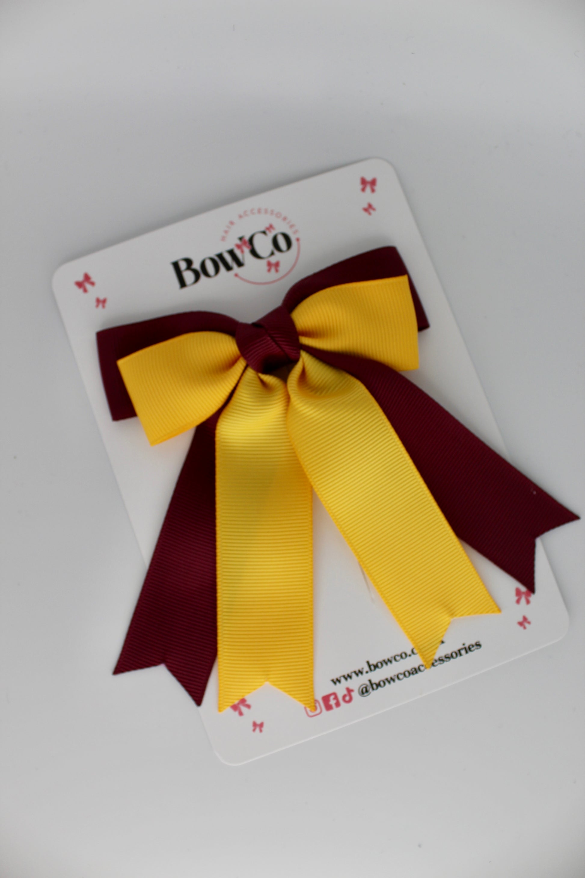 Double Ribbon Tail School Hair Bow – Clip - Burgundy and Yellow Gold