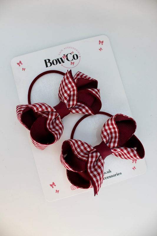 Loop Bow Set - Burgundy Gingham School Bow - Elastic