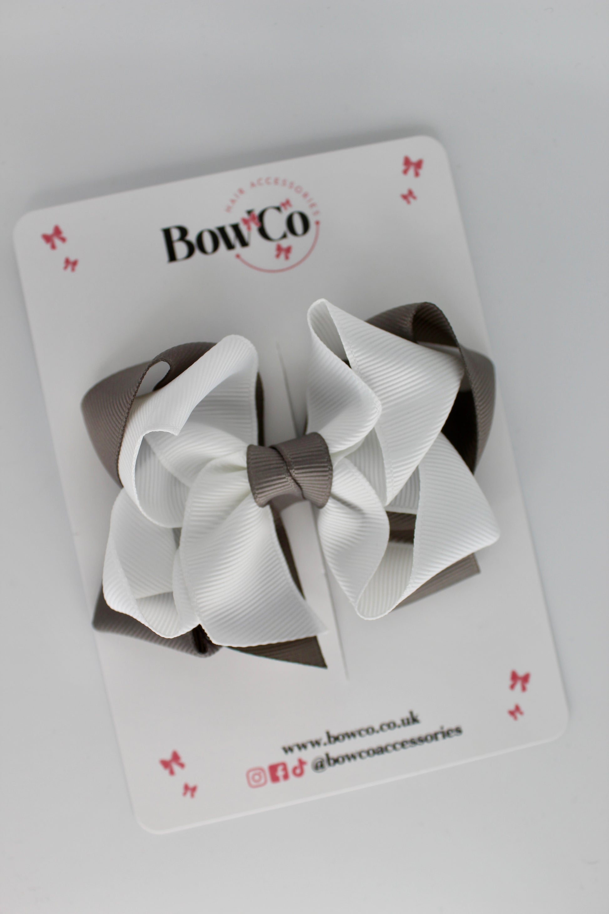 Double Loop School Hair Bow - Clip - Metal Grey and White
