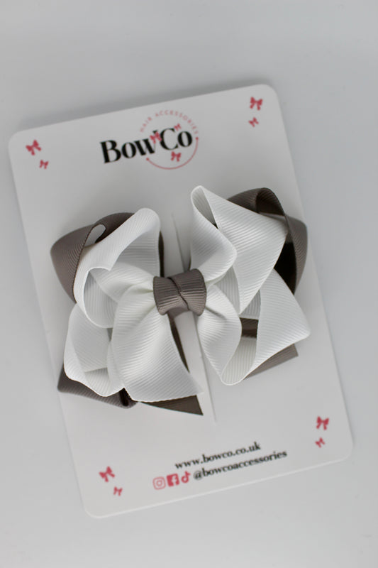 Double Loop School Hair Bow - Clip - Metal Grey and White