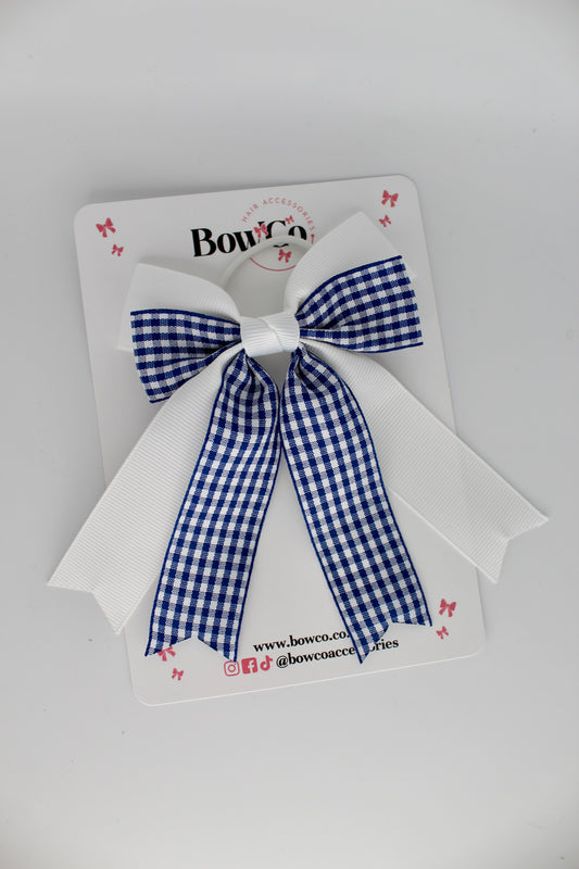 Double Ribbon Tail Bow - Navy Blue Gingham - Elastic