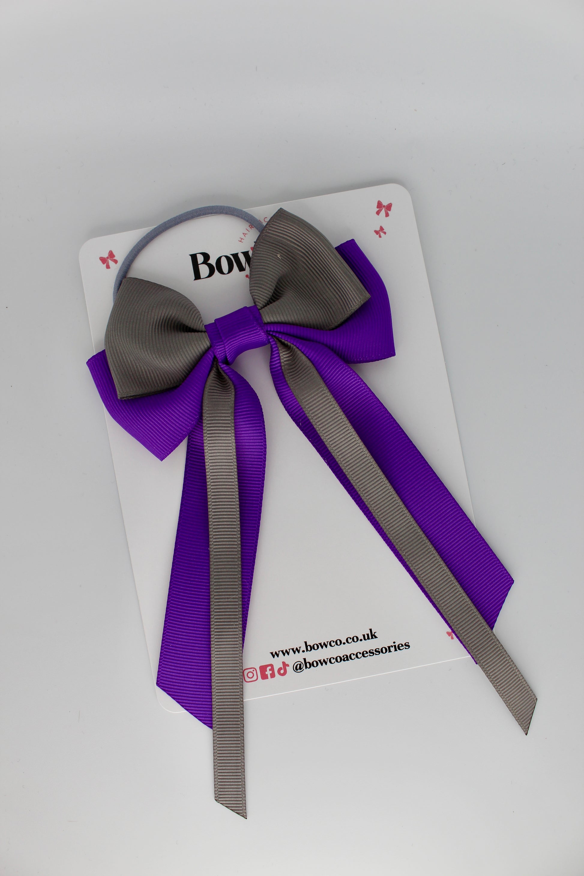 Streamer Tail School Hair Bow – Elastic - Purple and Metal Grey