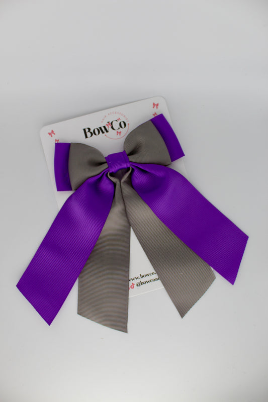 Double Layer Tail Bow - Clip - Purple and Metal Grey