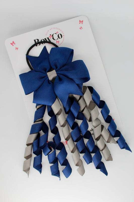 3 Inch Pinwheel Corker Bow - Elastic Bobble - Navy and Metal Grey