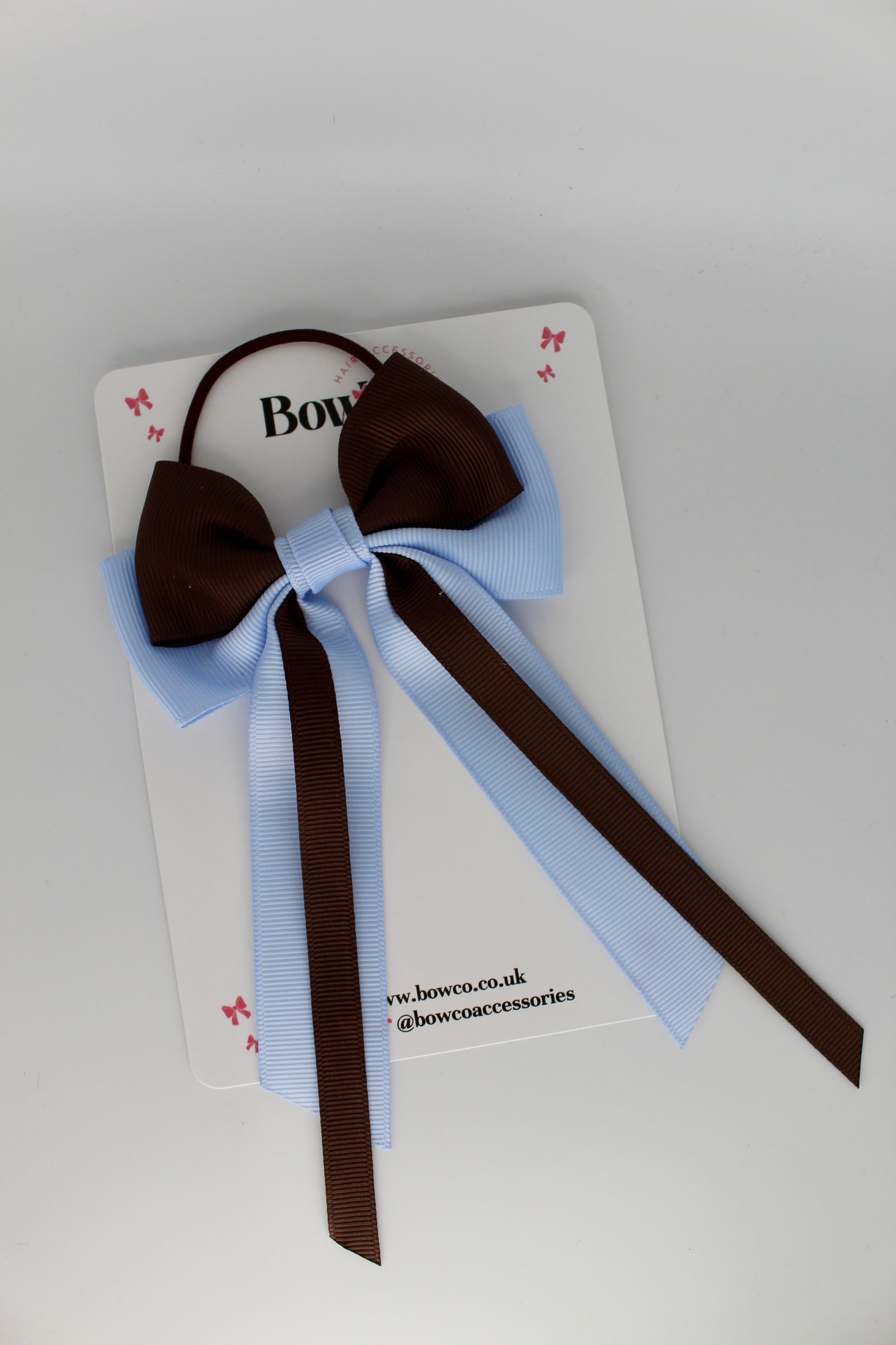 Streamer Tail School Hair Bow – Elastic - Bluebell and Brown