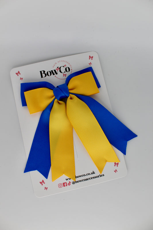 Double Ribbon Tail School Hair Bow – Clip - Royal Blue and Yellow Gold