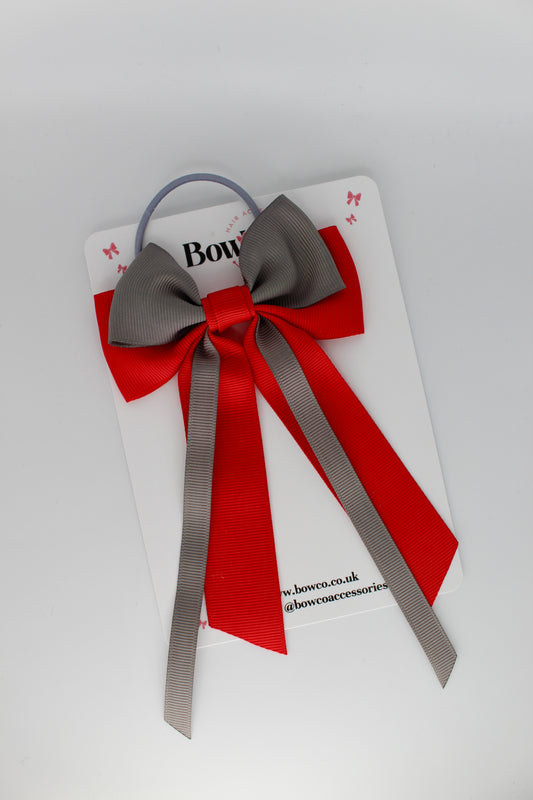 Streamer Tail School Hair Bow – Elastic - Red and Metal Grey