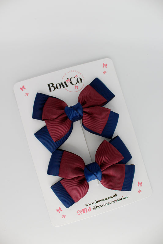 Layer Bow Set - Clip - Navy Blue and Burgundy