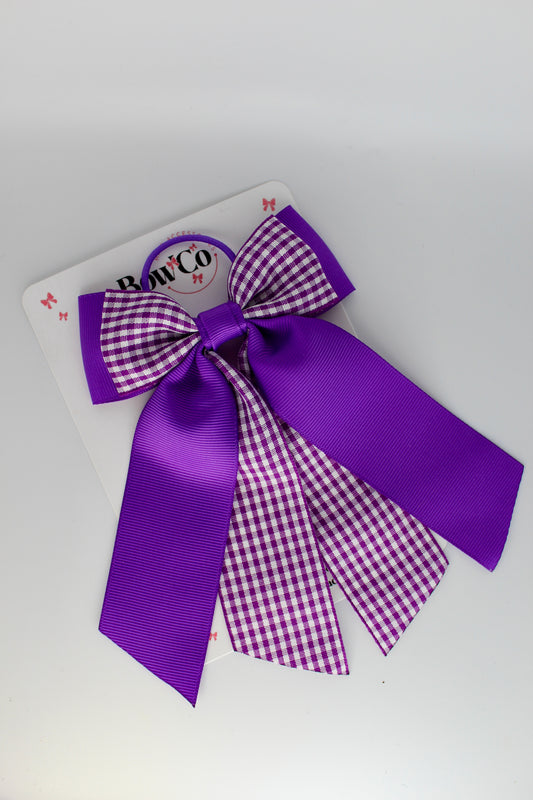 Double Layer Tail Bow - School Bow Purple Gingham - Elastic