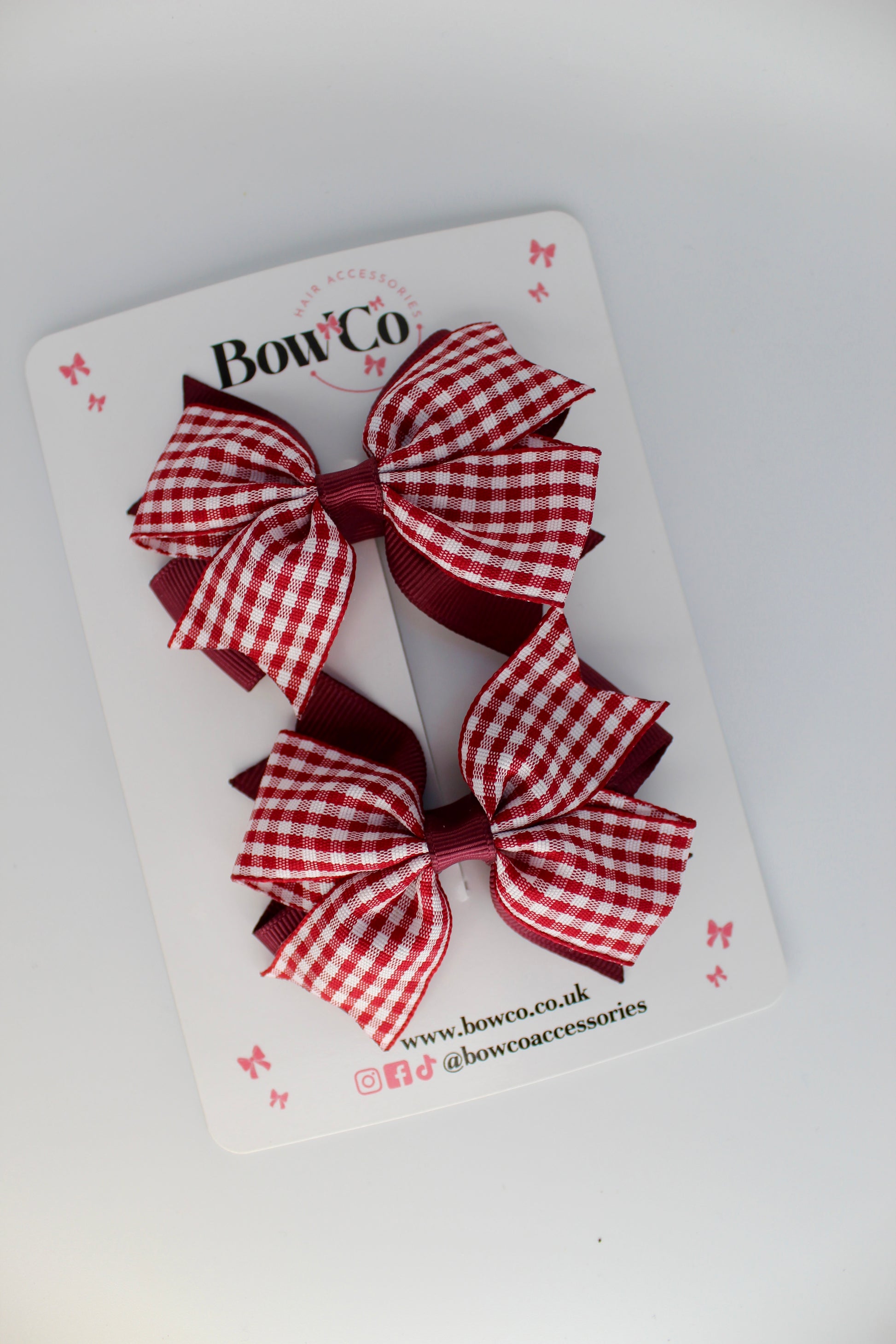 School Burgundy Gingham Layer Tail Bow Set - Clip