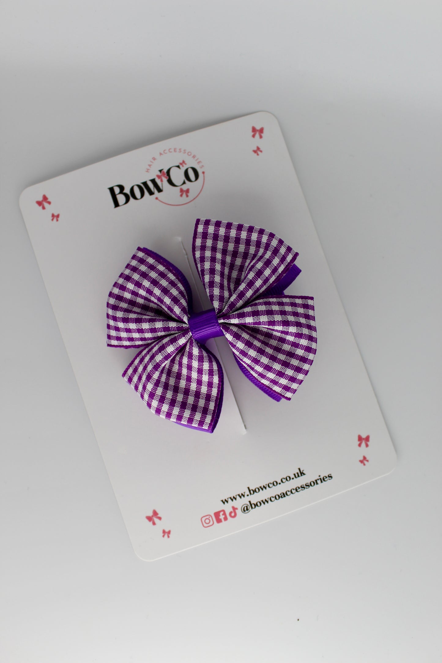 School Purple Gingham Double Bow Clip