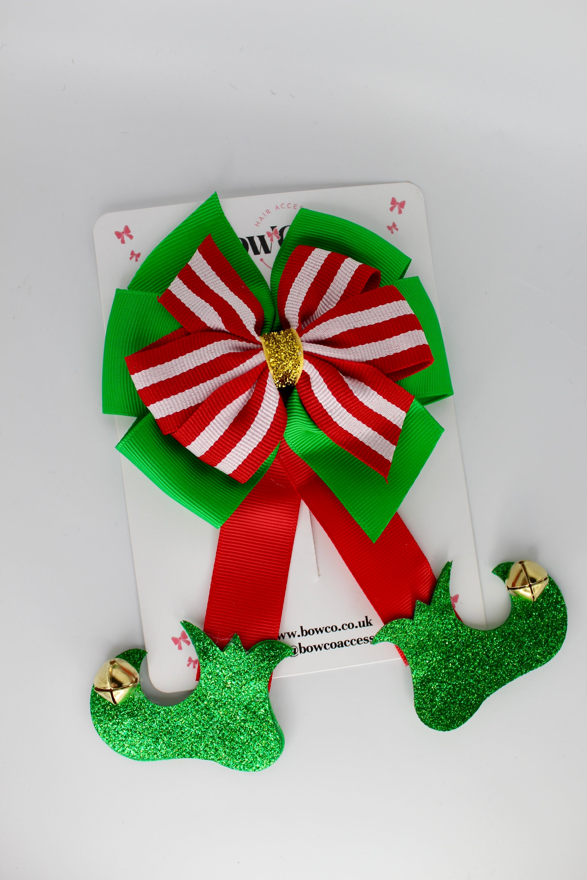 Candy Red, White & Christmas Green Elf Boot Bow