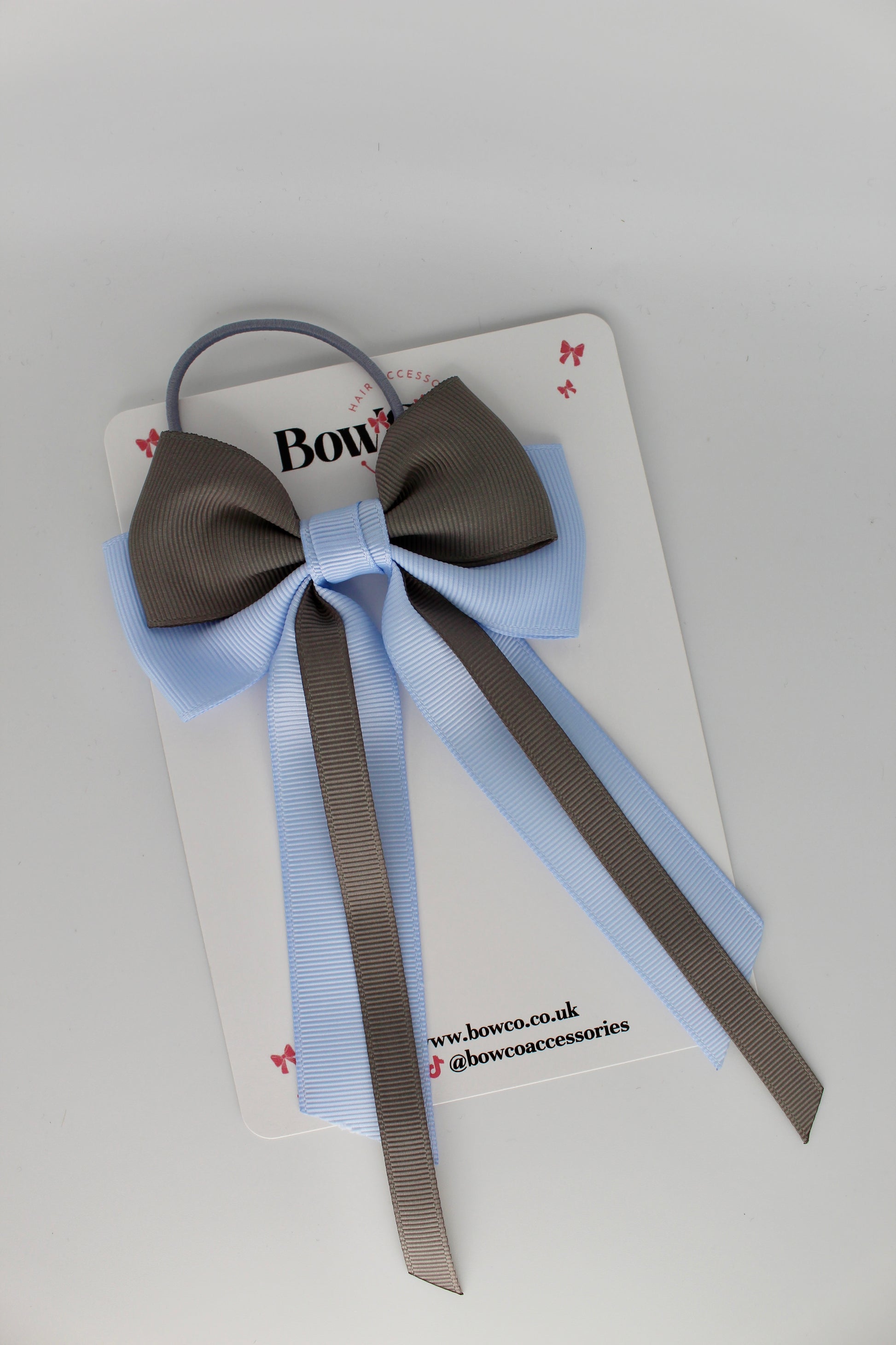 Streamer Tail School Hair Bow – Elastic - Bluebell and Metal Grey