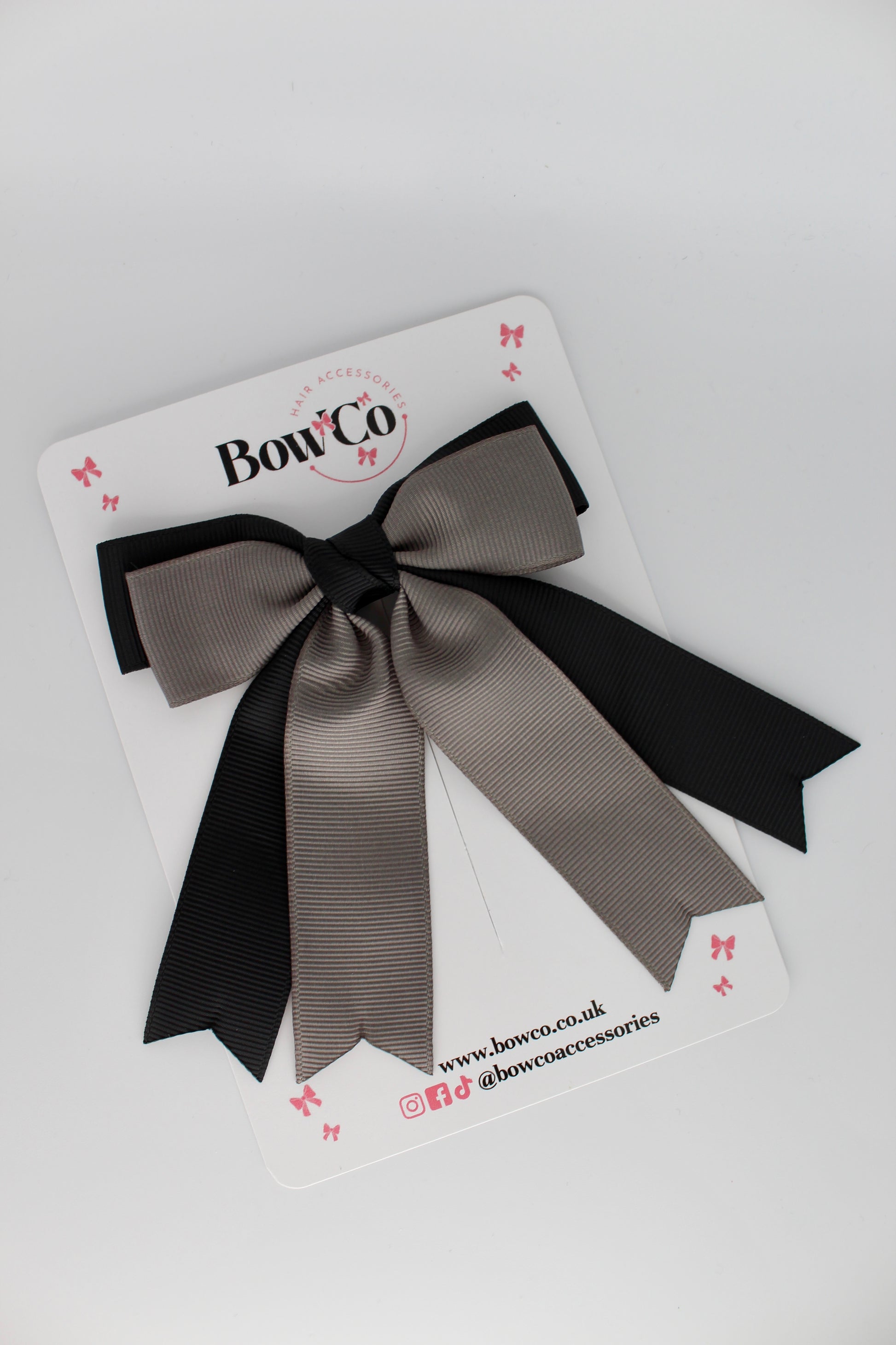 Double Ribbon Tail School Hair Bow – Clip - Black and Metal Grey