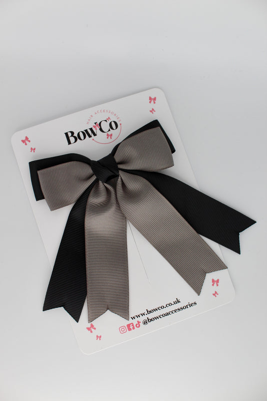 Double Ribbon Tail School Hair Bow – Clip - Black and Metal Grey
