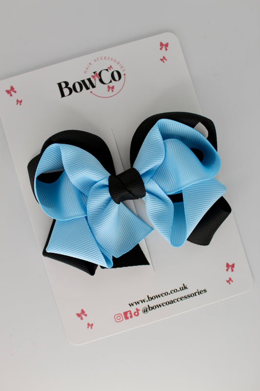 Double Loop School Hair Bow - Clip - Black and Blue Topaz