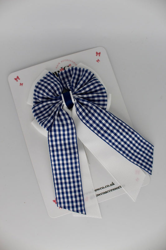 Layer Edge Tail Bow - Navy Blue Gingham - Elastic