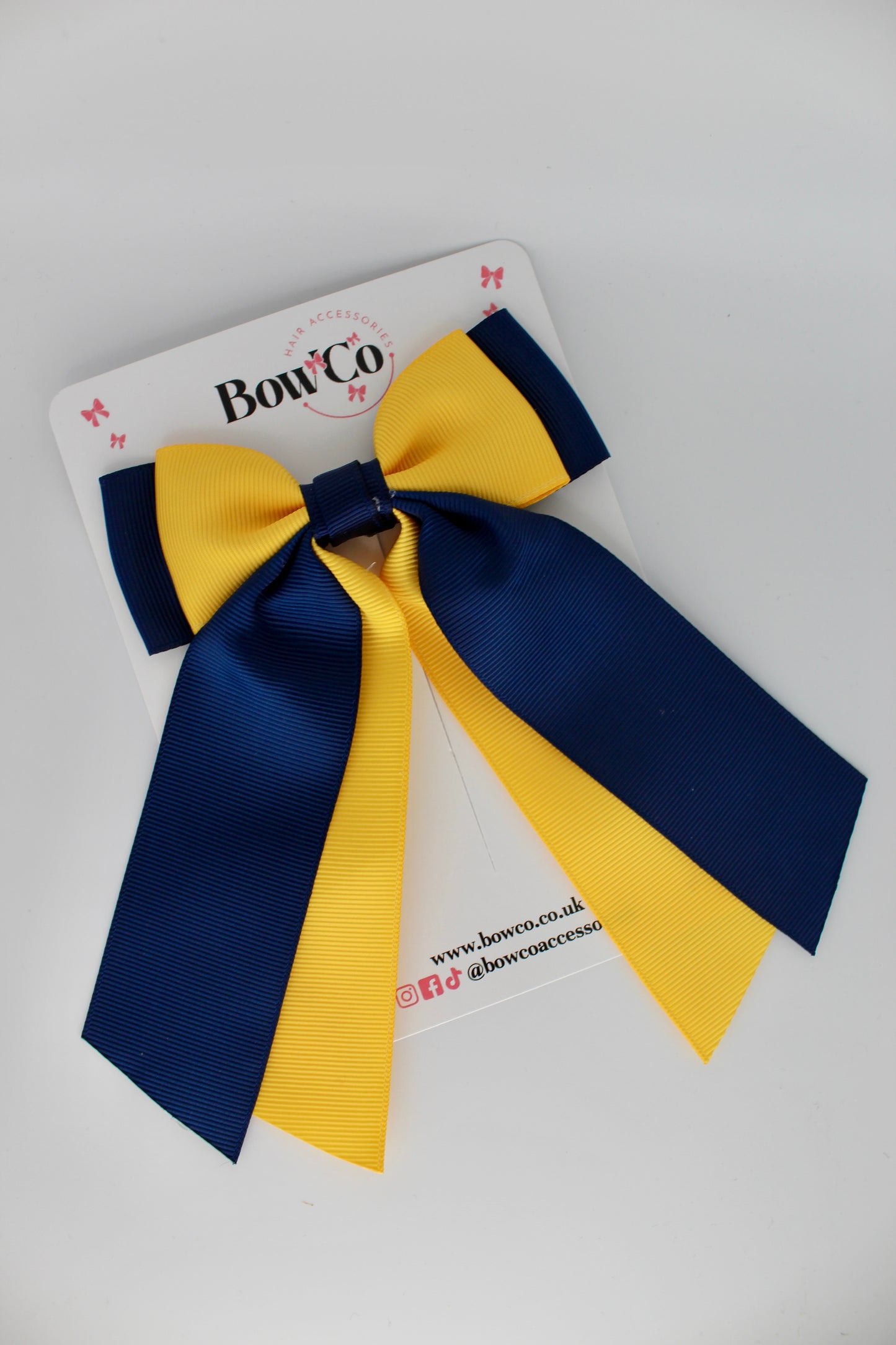 Double Layer Tail Bow - Clip - Navy Blue and Yellow Gold