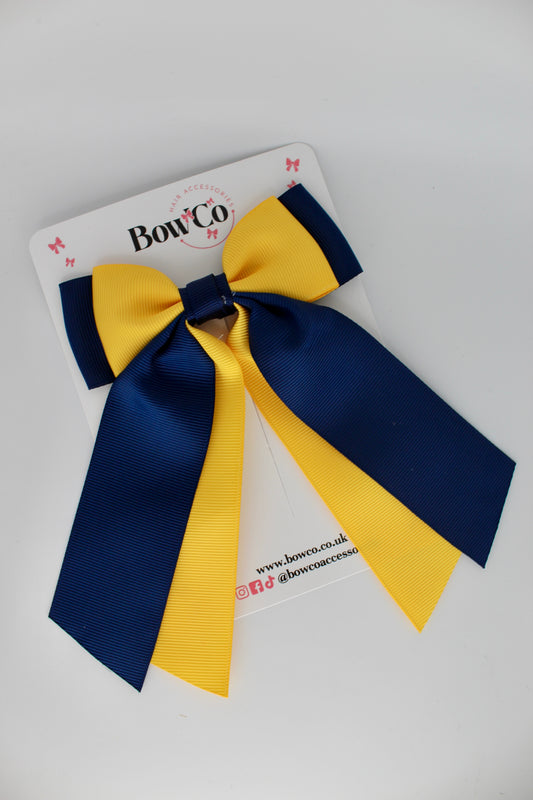 Double Layer Tail Bow - Clip - Navy Blue and Yellow Gold
