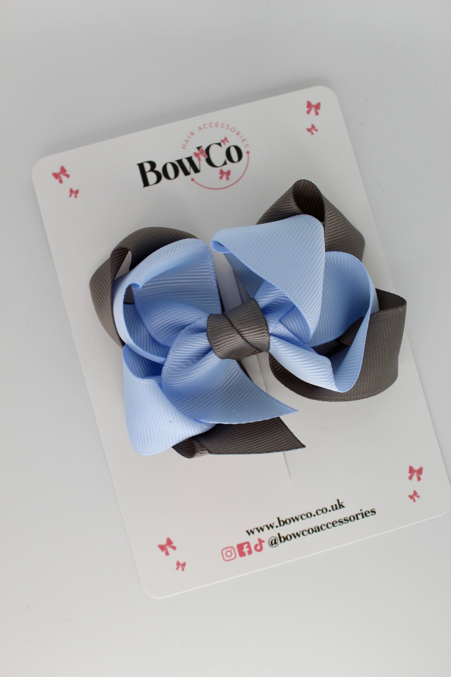 Double Loop School Hair Bow - Clip - Bluebell and Metal Grey