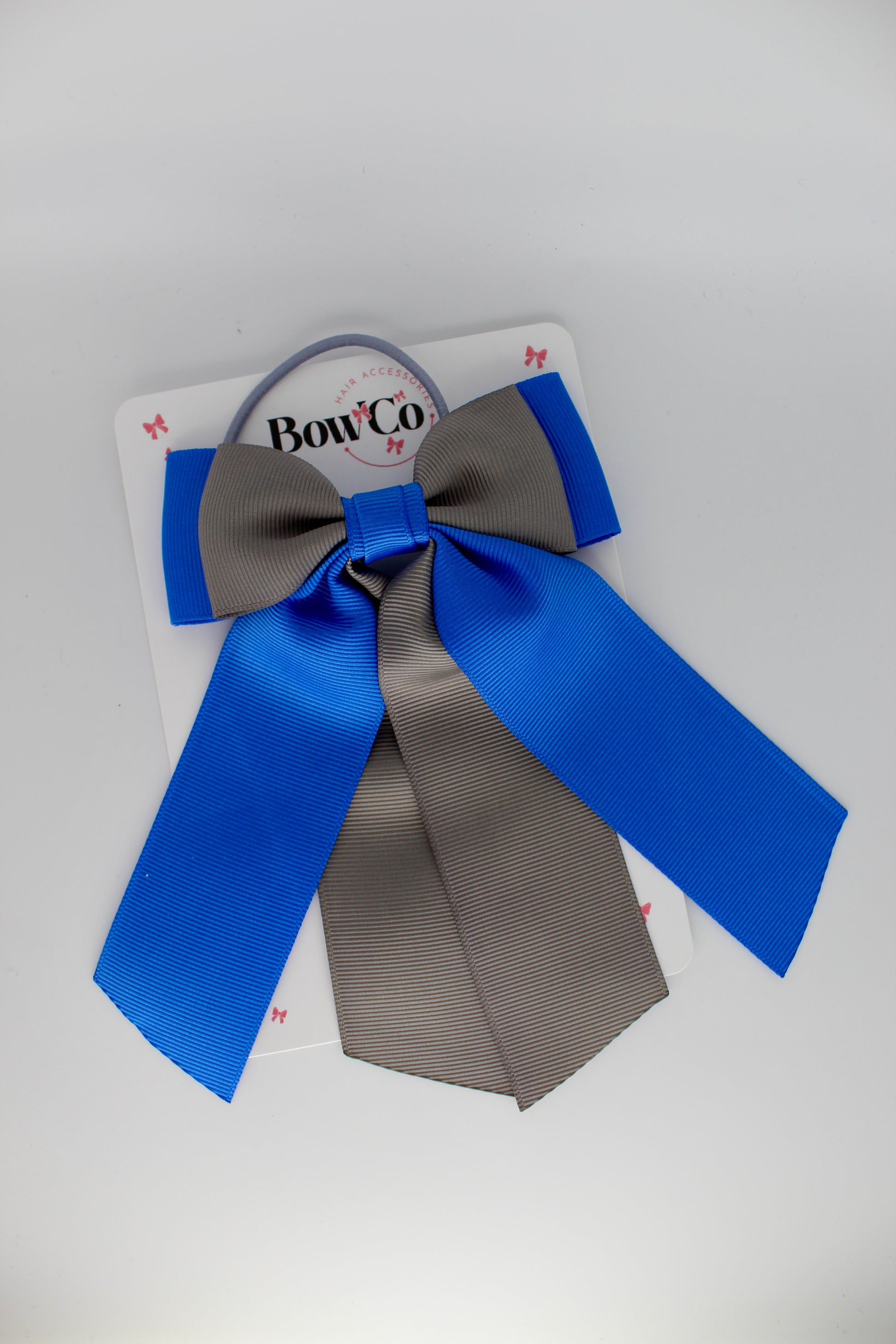 Classic Tail School Hair Bow – Elastic - Royal Blue and Metal Grey