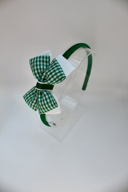 School Hair Accessory - Bow Alice Band - Green Gingham
