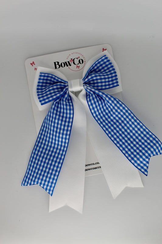Double Layer Tail Bow - Royal Blue Gingham - Elastic