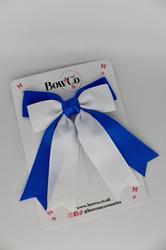 Double Ribbon Tail School Hair Bow – Clip - Royal Blue and White