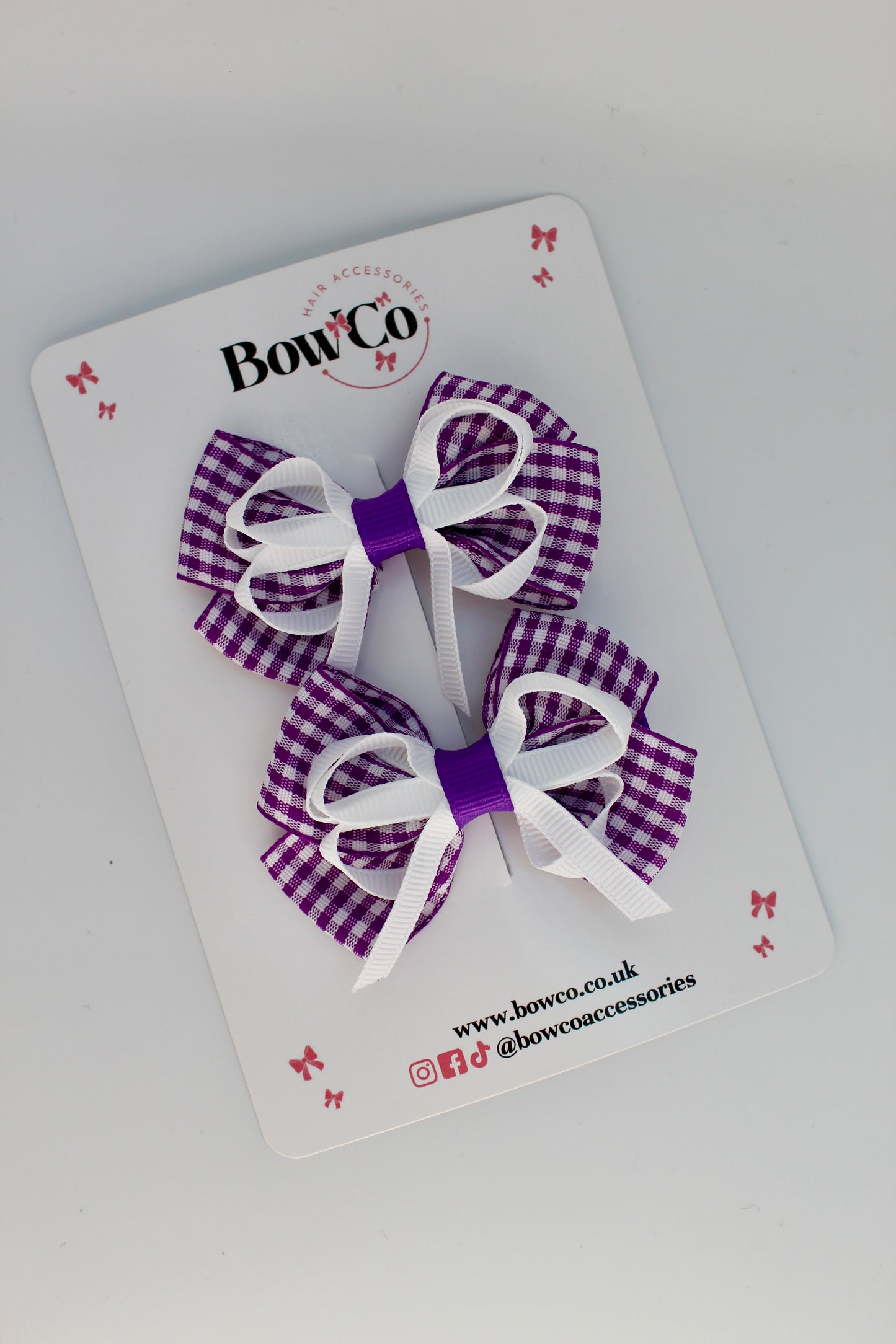 School Purple and White Gingham Double Bow Set - Clip
