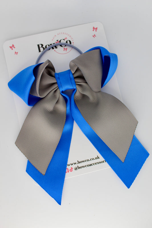 Layer Loop Tail Hair Bow - Elastic - Royal Blue and Grey