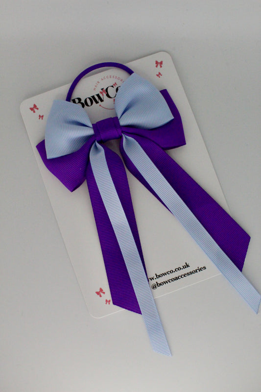 Streamer Tail School Hair Bow – Elastic - Purple and Bluebell