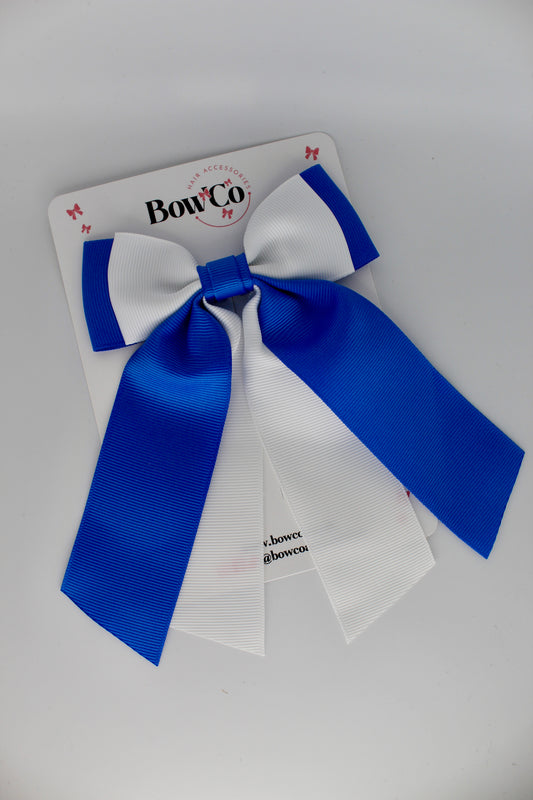 Double Layer Tail Bow - Clip - Royal Blue and White