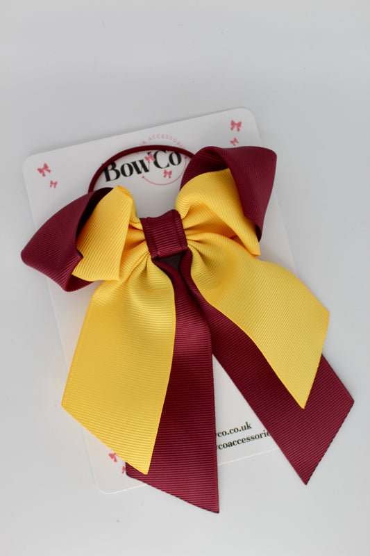 Layer Loop Tail Hair Bow - Elastic - Burgundy and Yellow Gold