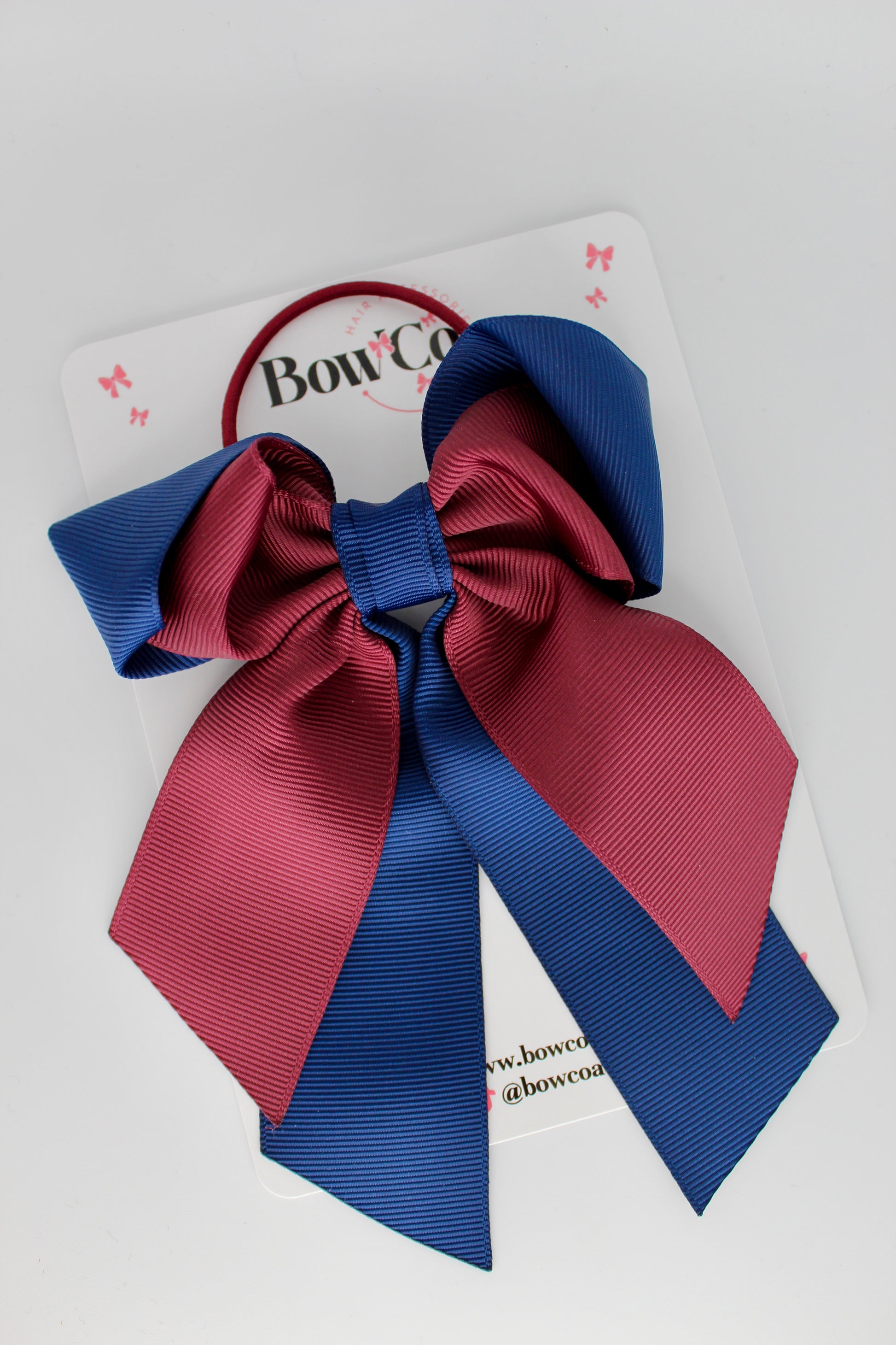 Layer Loop Tail Hair Bow - Elastic - Navy Blue and Burgundy
