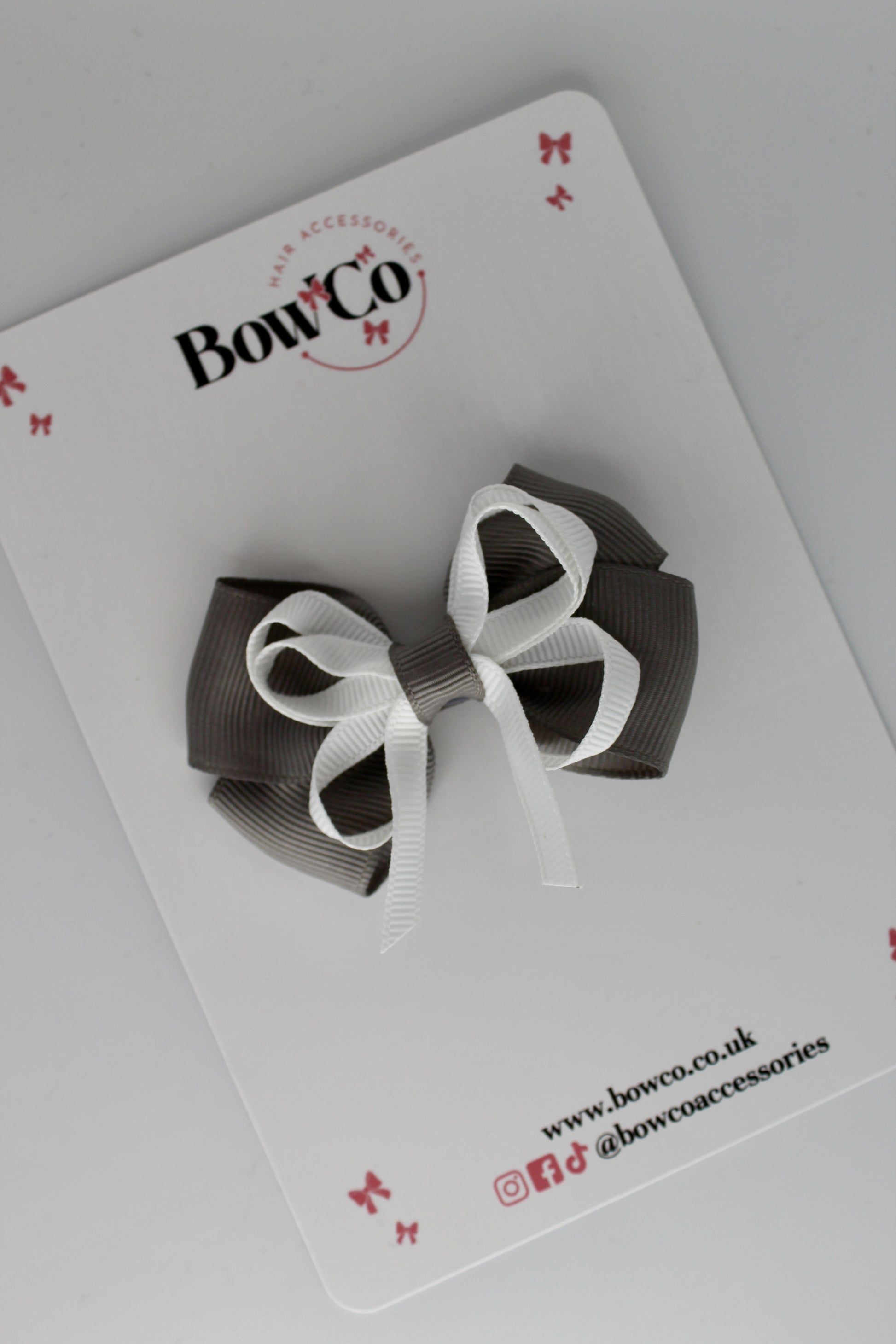 Metal Grey and White - Double Bow - Clip