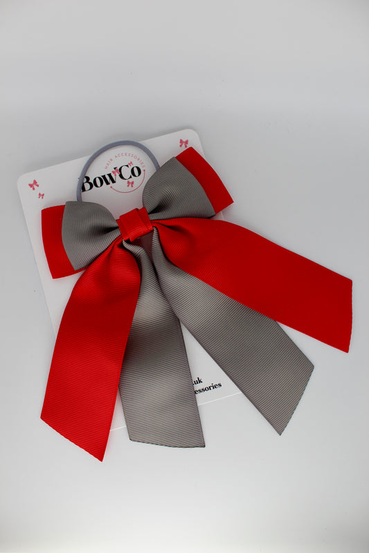 Double Layer Tail Bow – Elastic - Red and Metal Grey