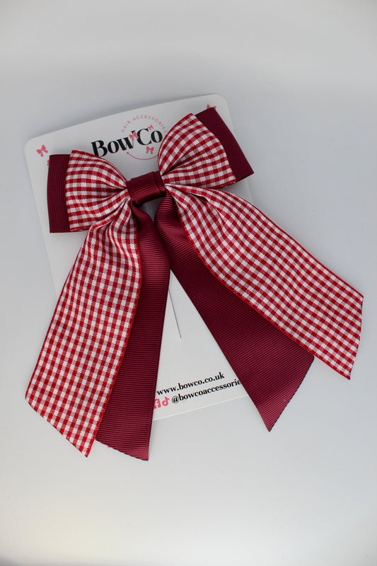 School Burgundy Gingham Double Layer Tail Bow - Clip