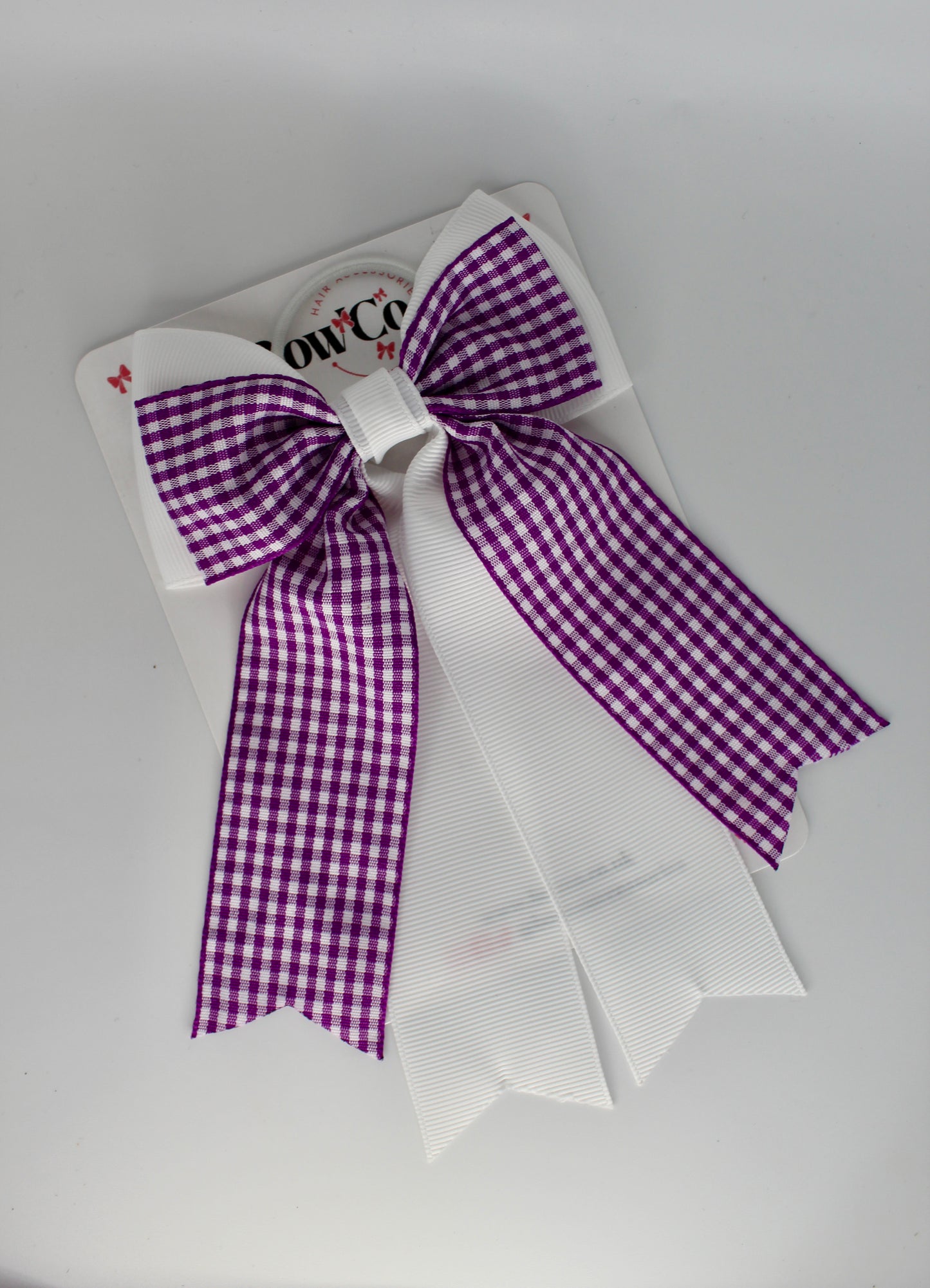 School Bow Purple and White Gingham Classic Tail Bow - Elastic