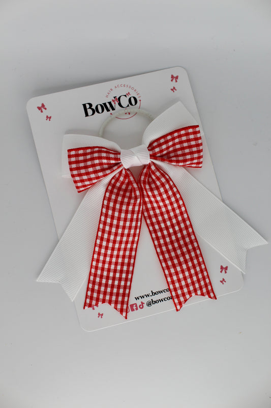 Double Ribbon Tail Bow - Red Gingham - Elastic