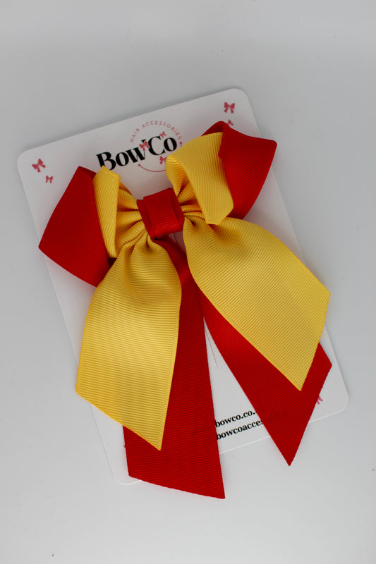 Layer Loop Tail Hair Bow - Clip - Red and Yellow Gold