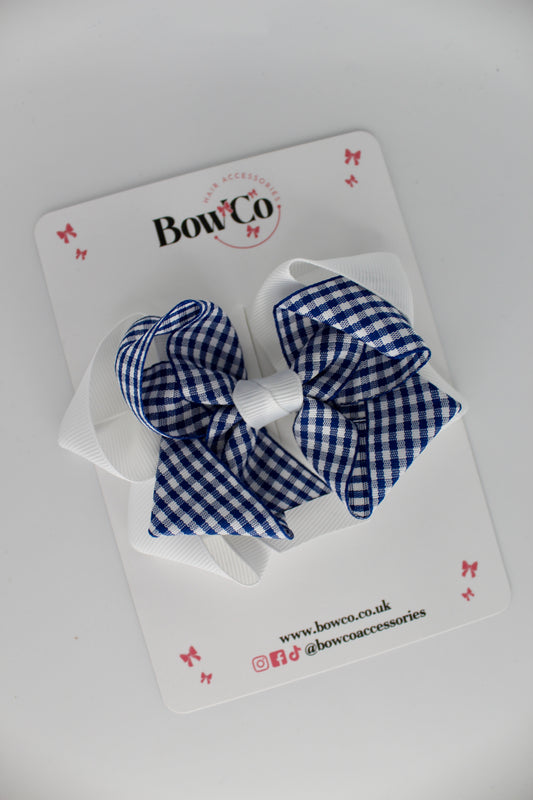 Double Loop Bow - Navy Blue Gingham - Clip