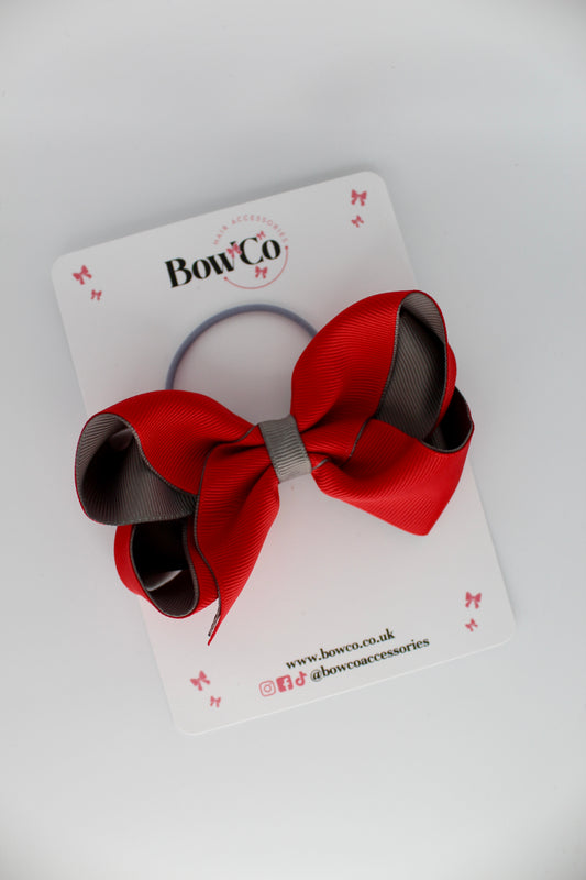 4 Inch Loop Bow - Elastic - Red and Metal Grey