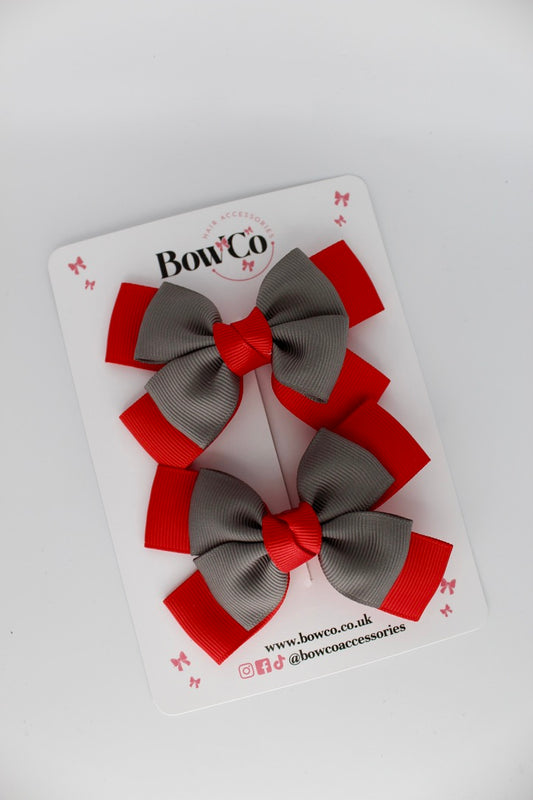 Layer Bow Set - Clip - Red and Metal Grey