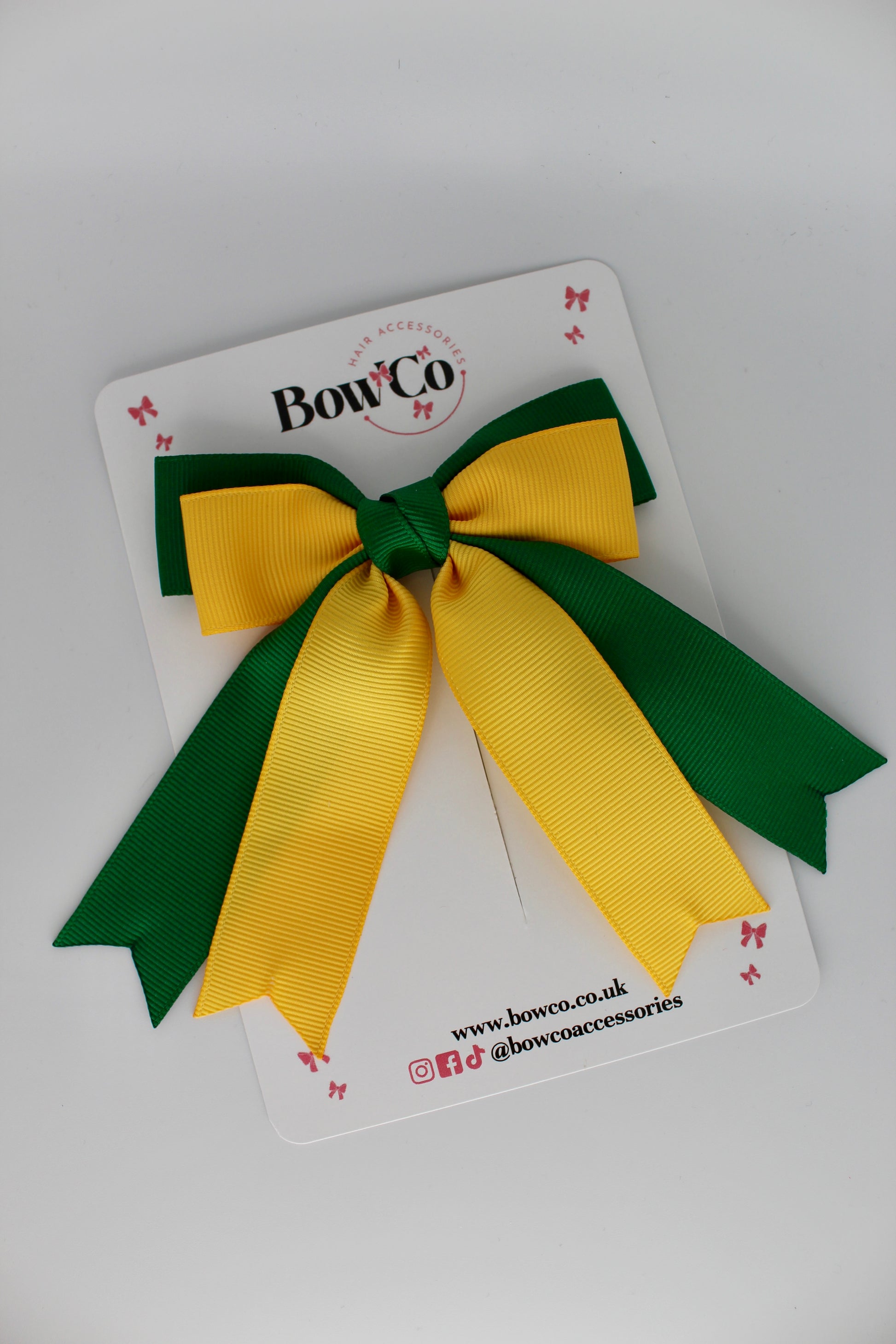 Double Ribbon Tail School Hair Bow – Clip - Forest Green and Yellow Gold