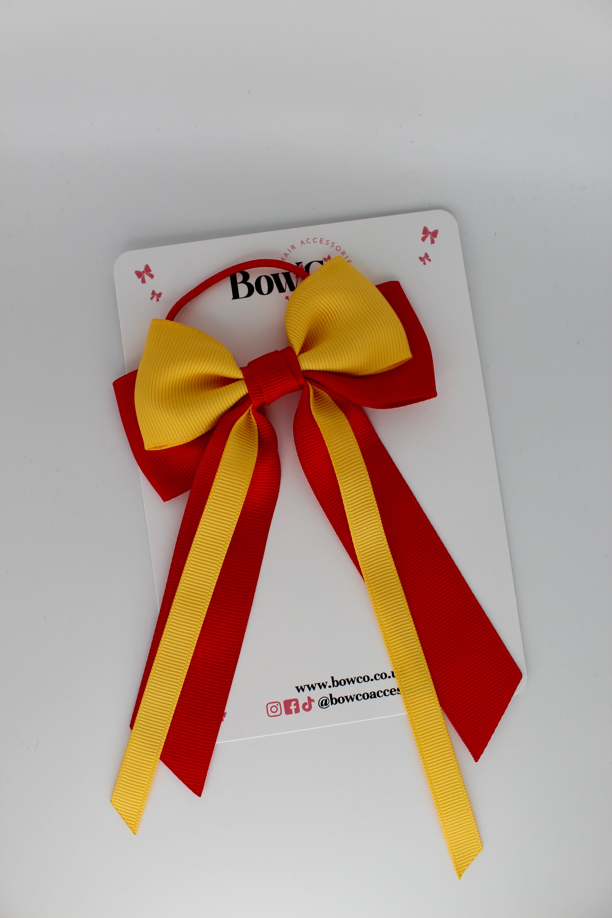 Streamer Tail School Hair Bow – Elastic - Red and Yellow Gold